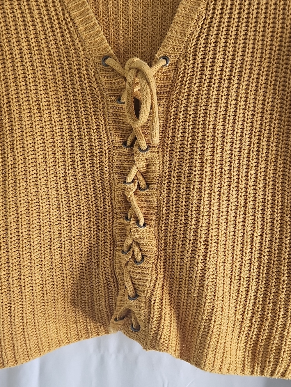 Aeropostale Mustard Lace-Up V-Neck Cropped Knit Sweater - Picture 2 of 6